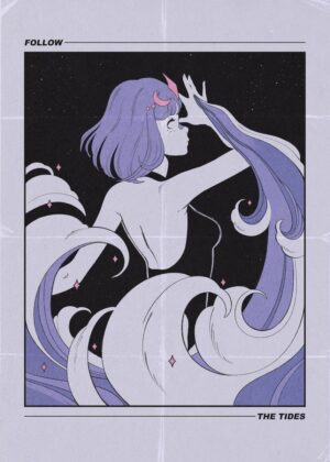 Follow the Tides: Celestial Dreamscape Art Print - Premium Wooden Framed Poster. Ready to Hang.