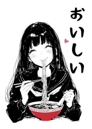 Anime Girl Enjoying Ramen - Oishii! - Premium Wooden Framed Poster. Ready to Hang.