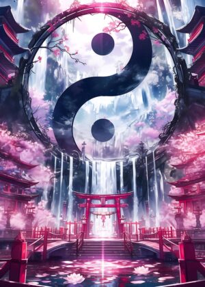 Yin and Yang Torii Gate: A Serene Japanese Garden Art Print - Premium Wooden Framed Poster. Ready to Hang.