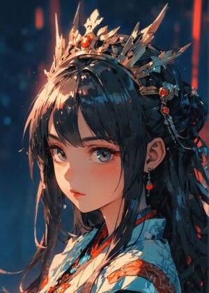 Cute Anime Girl with Crown - Digital Art Print - Premium Wooden Framed Poster. Ready to Hang.