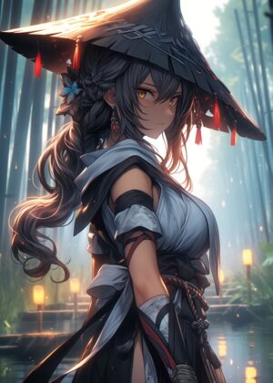 Ronin Samurai Woman: A Stunning Anime Artwork - Premium Wooden Framed Poster. Ready to Hang.