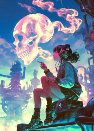 Cyberpunk Smoking Girl: Neon Dreamscape Art Print - Premium Wooden Framed Poster. Ready to Hang.