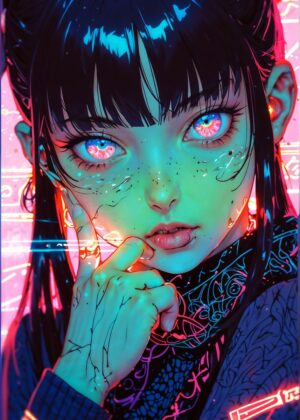 Playful Anime Girl Neon Art Print - Premium Wooden Framed Poster. Ready to Hang.
