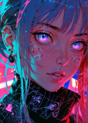 Cyberpunk Anime Girl Neon Art Print - Premium Wooden Framed Poster. Ready to Hang.