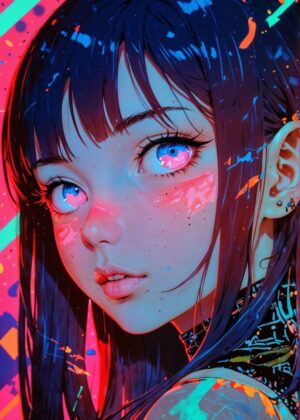 Sweet Anime Girl Portrait: Vibrant Digital Art Print - Premium Wooden Framed Poster. Ready to Hang.