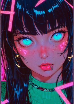 Neon Anime Girl Art Print - Premium Wooden Framed Poster. Ready to Hang.