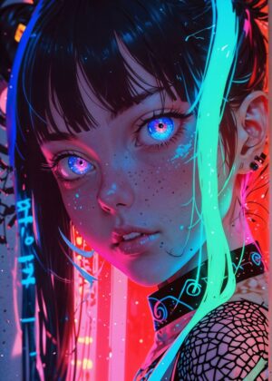 Cyberpunk Anime Girl with Neon Hair - Premium Wooden Framed Poster. Ready to Hang.