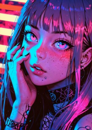 Anime Neon Girl Art Print - Premium Wooden Framed Poster. Ready to Hang.