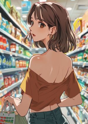 Anime Girl Grocery Shopping: Vibrant Illustration - Premium Wooden Framed Poster. Ready to Hang.