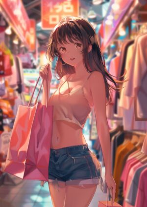 Anime Girl Shopping Spree in Vibrant Cityscape - Premium Wooden Framed Poster. Ready to Hang.