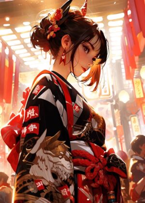 Anime Cute Girl in Traditional Japanese Kimono - Premium Wooden Framed Poster. Ready to Hang.