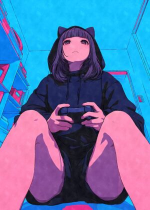 Gamer Cat Girl in Hoodie: Anime Art Print - Premium Wooden Framed Poster. Ready to Hang.