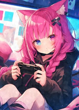 Kawaii Pink Cat Gamer Girl Art Print - Premium Wooden Framed Poster. Ready to Hang.