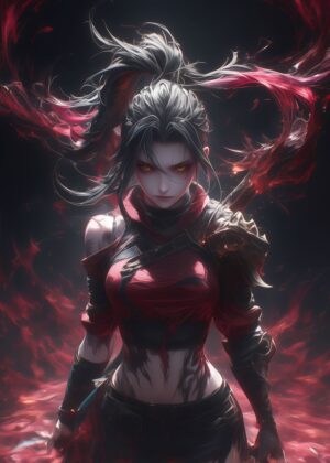 Fiery Anime Warrior Girl Art Print - Premium Wooden Framed Poster. Ready to Hang.