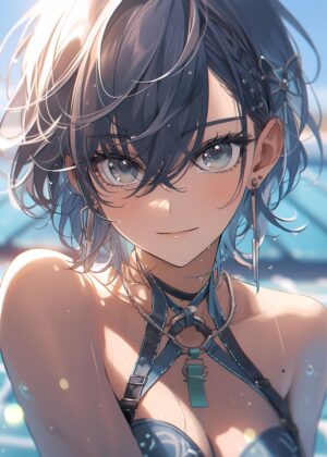 Anime Girl Summer Vibes: A Day at the Pool - Premium Wooden Framed Poster. Ready to Hang.