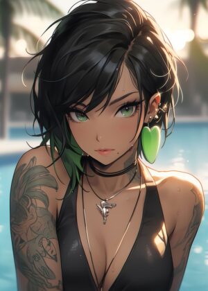 Sun-Kissed Siren: Anime Girl in Summer - Premium Wooden Framed Poster. Ready to Hang.