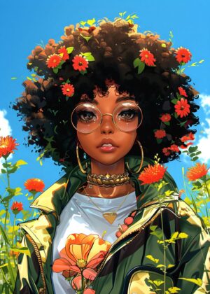 Vibrant Afro Girl in a Flowery Field - Premium Wooden Framed Poster. Ready to Hang.