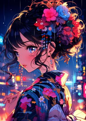 Anime Fairy Girl in the Rain - Premium Wooden Framed Poster. Ready to Hang.