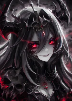 Anime Demon Girl with Skull Accents: Dark Fantasy Art Print - Premium Wooden Framed Poster. Ready to Hang.