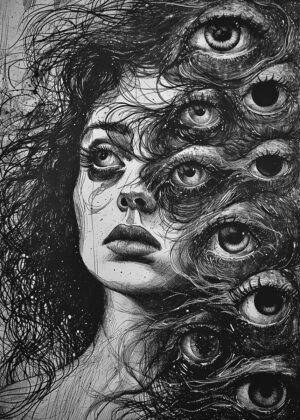 Surreal Woman with Multiple Eyes Art Print - Premium Wooden Framed Poster. Ready to Hang.