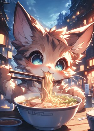 Adorable Kitty Enjoying Ramen in a Cozy Night Market - Premium Wooden Framed Poster. Ready to Hang.