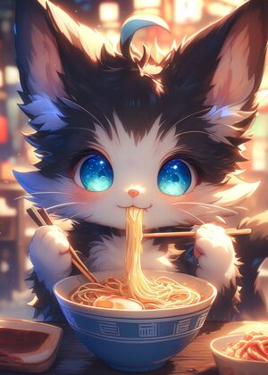Adorable Anime Cat Enjoying a Delicious Meal - Premium Wooden Framed Poster. Ready to Hang.