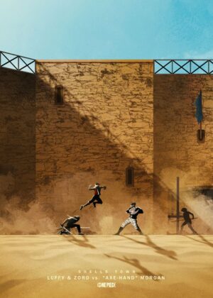 One Piece: Luffy & Zoro vs. Axe-Hand Morgan - Shells Town Showdown - Premium Wooden Framed Poster. Ready to Hang.