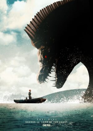 Shanks vs. Sea King: Epic Ocean Showdown Artwork - Premium Wooden Framed Poster. Ready to Hang.