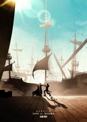 One Piece: Zoro vs. Mihawk at Baratie - Dramatic Artwork Print - Premium Wooden Framed Poster. Ready to Hang.