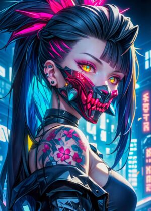 Neon Cybergirl: Cyberpunk Art Print - Premium Wooden Framed Poster. Ready to Hang.