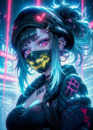 Neon Cyberpunk Girl: Digital Art Print - Premium Wooden Framed Poster. Ready to Hang.
