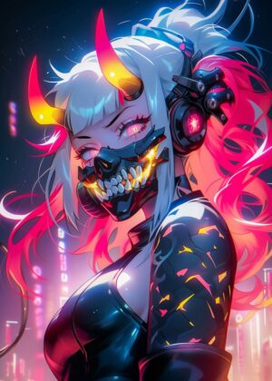 Neon Oni Girl: Cyberpunk Anime Art Print - Premium Wooden Framed Poster. Ready to Hang.