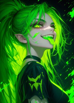 Neon Goth Girl: Vibrant Digital Art Print - Premium Wooden Framed Poster. Ready to Hang.