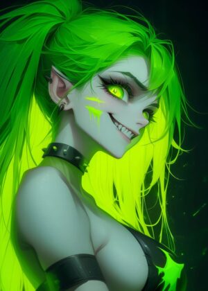 Neon Elf Smile: Vibrant Digital Art Print - Premium Wooden Framed Poster. Ready to Hang.