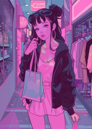 Anime Girl Shopping Spree in Neon City - Premium Wooden Framed Poster. Ready to Hang.