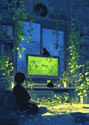 Midnight Bloom: A Serene Anime-Style Artwork - Premium Wooden Framed Poster. Ready to Hang.