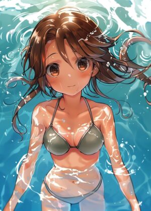 Anime Girl in the Water: Summer Vibes - Premium Wooden Framed Poster. Ready to Hang.