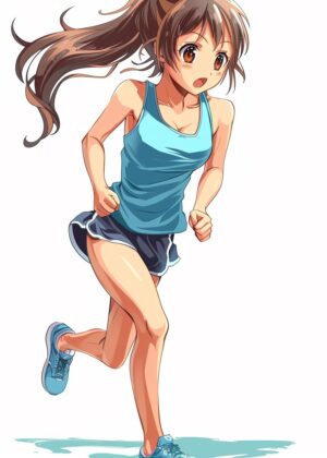 Anime Girl Jogging: Dynamic Artwork Print - Premium Wooden Framed Poster. Ready to Hang.