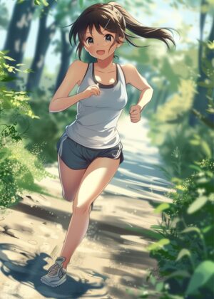 Anime Girl Jogging in Summer Woods - Premium Wooden Framed Poster. Ready to Hang.