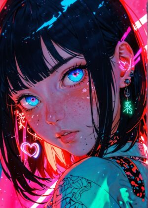 Kawaii Vision: Anime Girl Digital Art Print - Premium Wooden Framed Poster. Ready to Hang.