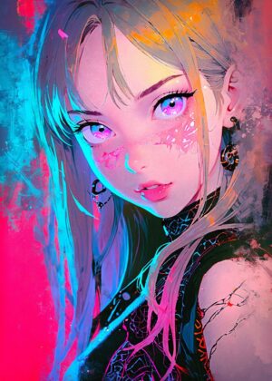 Neon Anime Girl: Vibrant Digital Art Print - Premium Wooden Framed Poster. Ready to Hang.