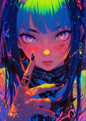 Neon Cyberpunk Girl Art Print - Premium Wooden Framed Poster. Ready to Hang.