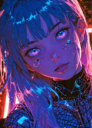 Neon Dreams: Cyberpunk Girl Art Print - Premium Wooden Framed Poster. Ready to Hang.
