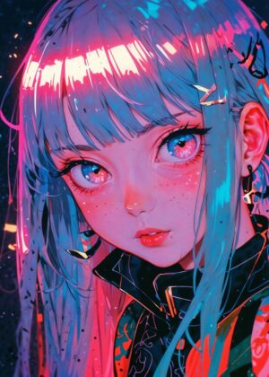 Cute Anime Girl Glowing in Neon Light - Premium Wooden Framed Poster. Ready to Hang.