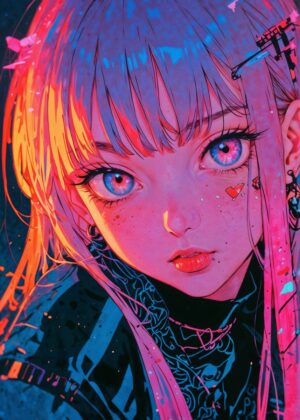 Neon Wink: Cyberpunk Anime Girl Art Print - Premium Wooden Framed Poster. Ready to Hang.