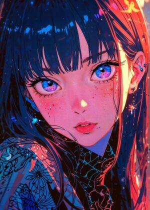 Kawaii Neon Anime Girl Art Print - Premium Wooden Framed Poster. Ready to Hang.