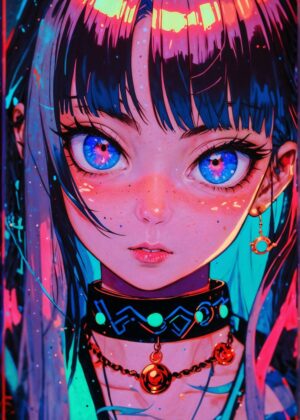 Cute Anime Girl Explosion of Color - Premium Wooden Framed Poster. Ready to Hang.