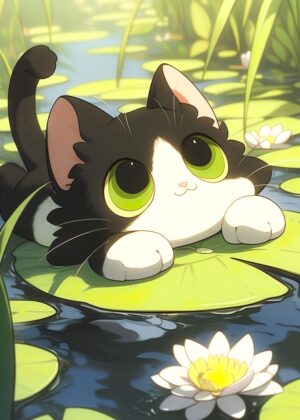 Adorable Kitten on a Lily Pad - Premium Wooden Framed Poster. Ready to Hang.