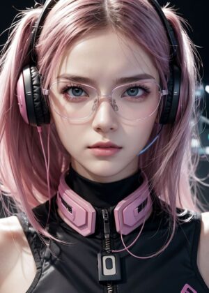Cyberpunk Gamer Girl with Pink Hair: Digital Art Print - Premium Wooden Framed Poster. Ready to Hang.