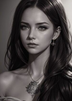 Monochromatic Beauty: Tattooed Woman Portrait - Premium Wooden Framed Poster. Ready to Hang.